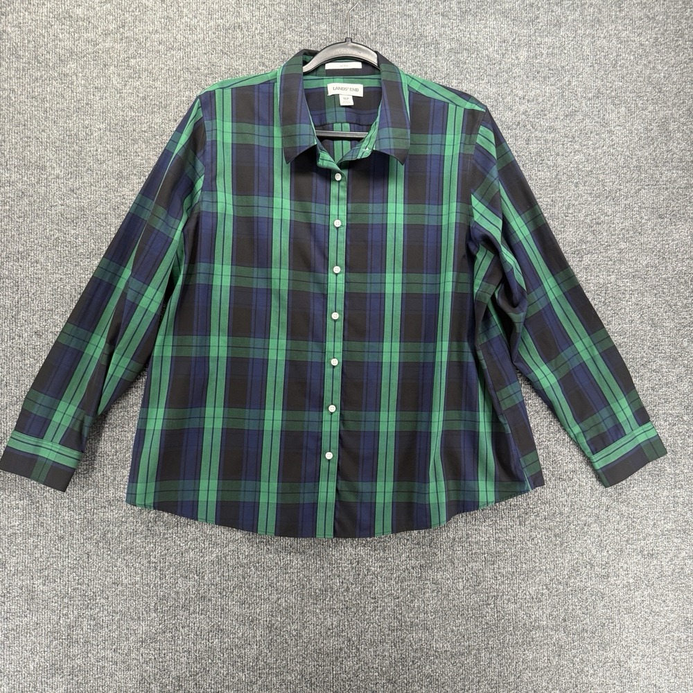 Lands End Shirt Womens 16P Green Plaid Button Up Non Iron Quiet Luxury Preppy